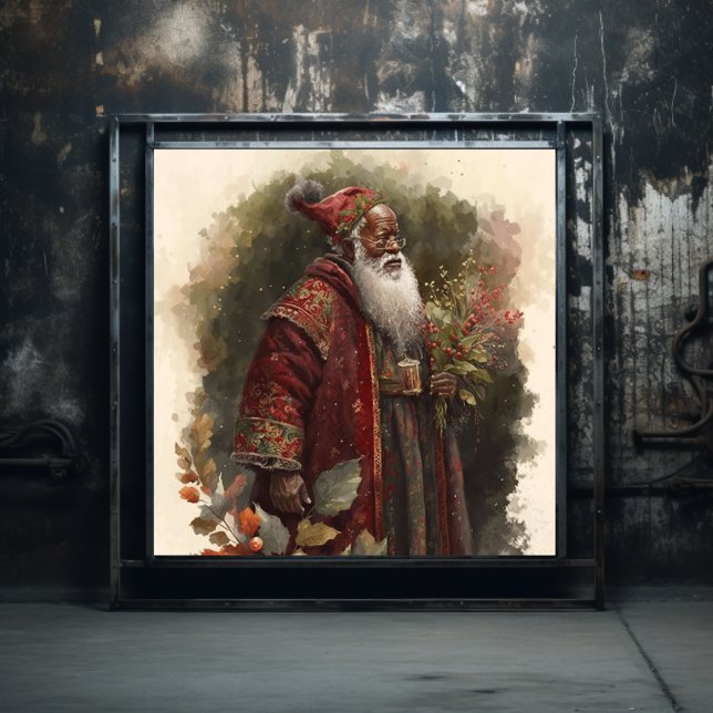 Red & Green Botanical Black Woodland Black Santa Poster (Creator Uploaded)