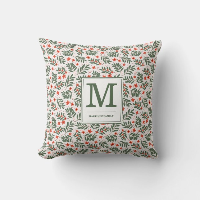 Red Green Botanical Holiday Monogram Name Throw Pillow (Front)