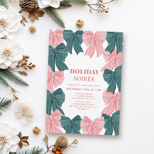 Red & Green Bows Christmas Holiday Soirée Invitation (Creator Uploaded)