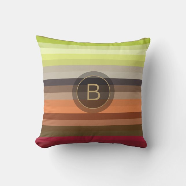 Red Green Brown Grey Girly Chic Custom Monogram Throw Pillow (Front)