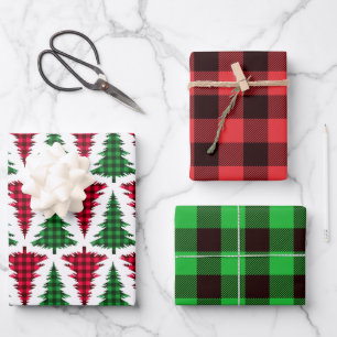 Red Green Buffalo Check Christmas Tree Wrapping Paper Sheet
