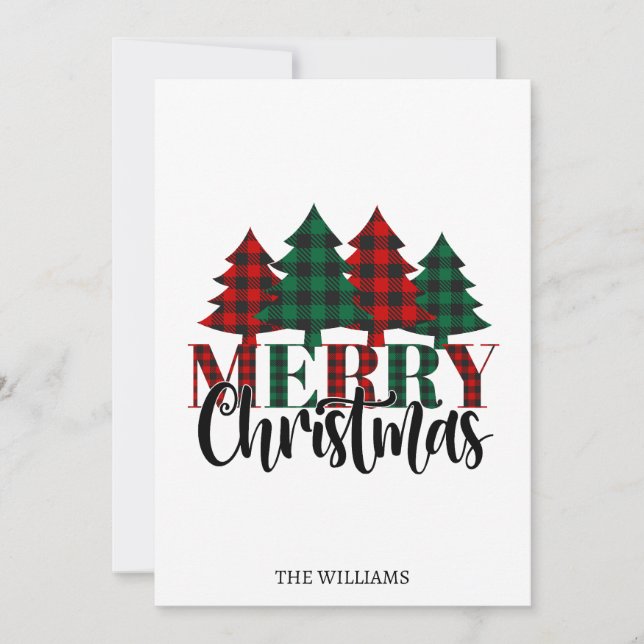 Red & Green Buffalo Plaid Christmas Tree Simple Holiday Card (Front)