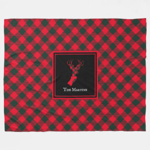 Red & Green Buffalo Plaid Reindeer Personalized Fleece Blanket