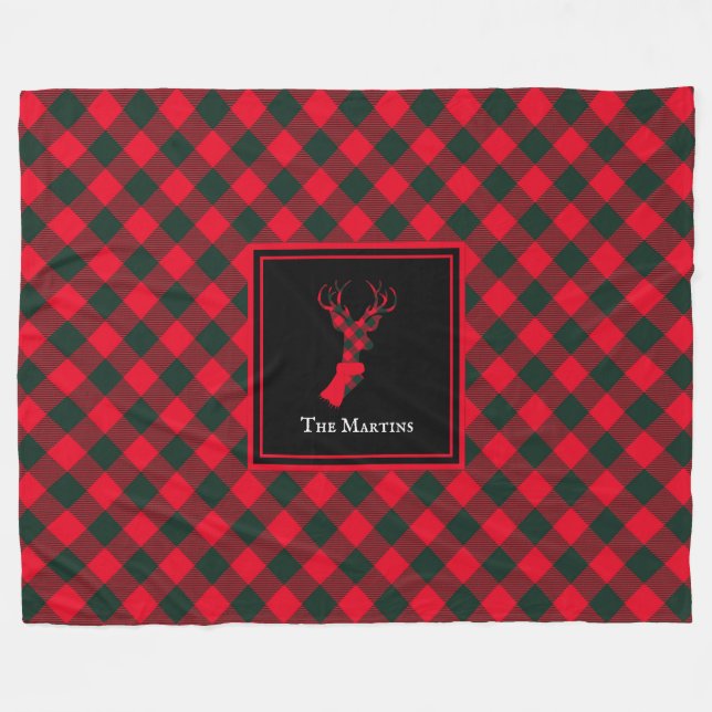 Red & Green Buffalo Plaid Reindeer Personalized Fleece Blanket (Front (Horizontal))