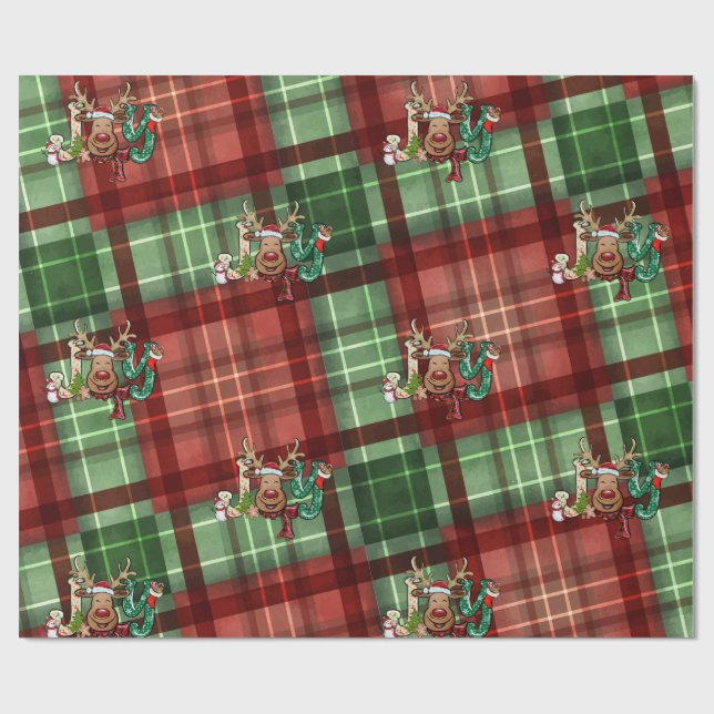Red Green Buffalo Plaid Reindeer,Snowman Wrapping Paper (Flat)