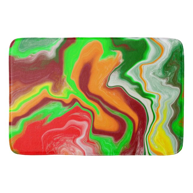Red, Green, Burgundy Colourful Marble Fluid Art Bath Mat (Front)