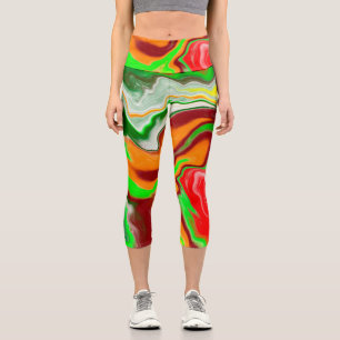 Red, Green, Burgundy Colourful Marble Fluid Art   Capri Leggings