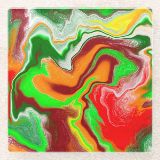 Red, Green, Burgundy Colourful Marble Fluid Art    Glass Coaster (Front)
