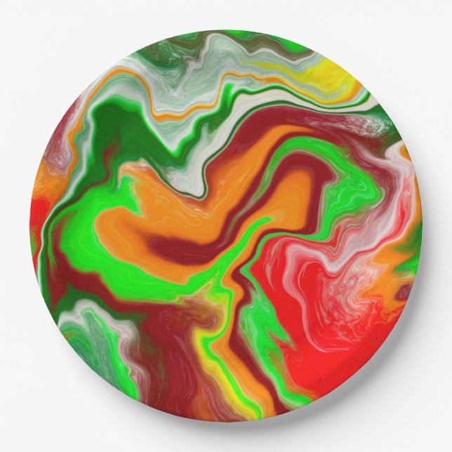 Red, Green, Burgundy Colourful Marble Fluid Art    Paper Plate (Front)