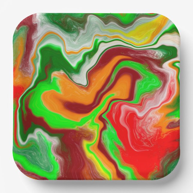 Red, Green, Burgundy Colourful Marble Fluid Art   Paper Plate (Front)