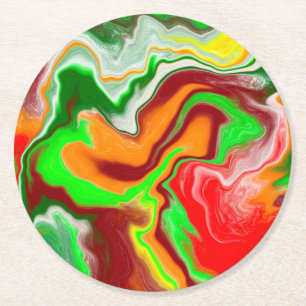Red, Green, Burgundy Colourful Marble Fluid Art Round Paper Coaster