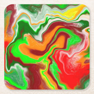 Red, Green, Burgundy Colourful Marble Fluid Art  Square Paper Coaster