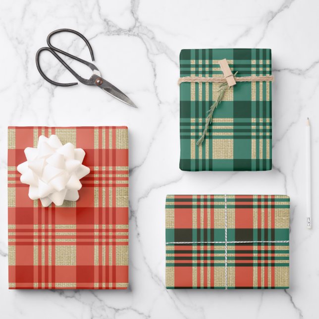 Red Green Burlap Plaid Christmas Wrapping Paper Sheet (Front)