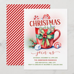 Red Green Candy Cane Hot Cocoa Christmas Party Invitation