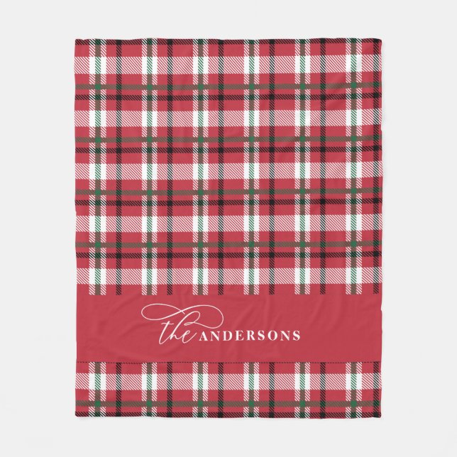Red green check tartan script personalized family fleece blanket (Front)