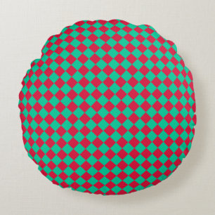 Red Green Checker Diamond Pattern Round Pillow