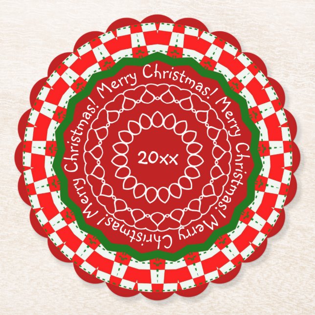 Red Green Checks Merry Christmas Paper Coaster (Front)