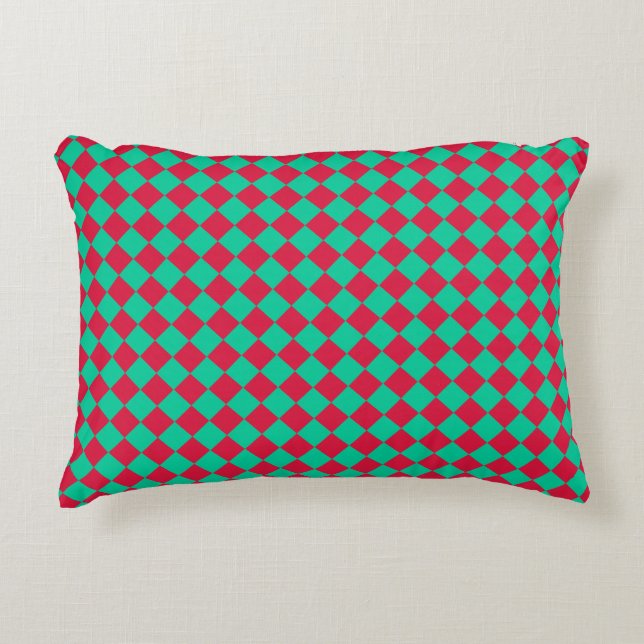 Red Green Chequered Diamond Pattern Accent Pillow (Front)