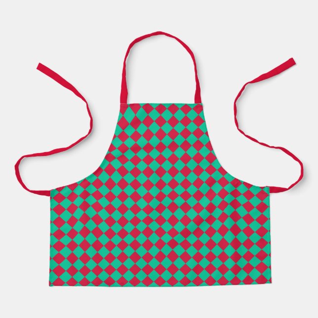 Red Green Chequered Diamond Pattern Apron (Front)