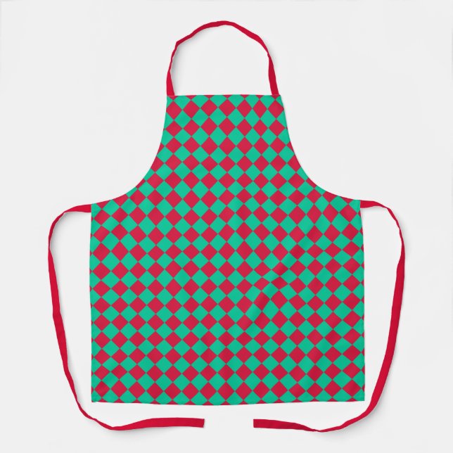 Red Green Chequered Diamond Pattern Apron (Front)