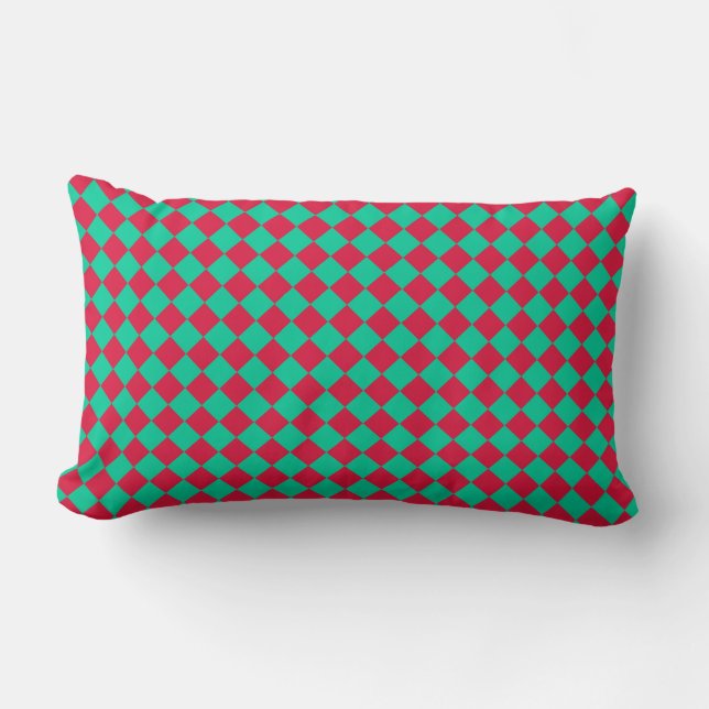 Red Green Chequered Diamond Pattern Lumbar Pillow (Front)