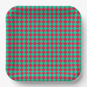 Red Green Chequered Diamond Pattern Paper Plate
