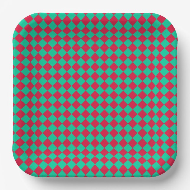 Red Green Chequered Diamond Pattern Paper Plate (Front)