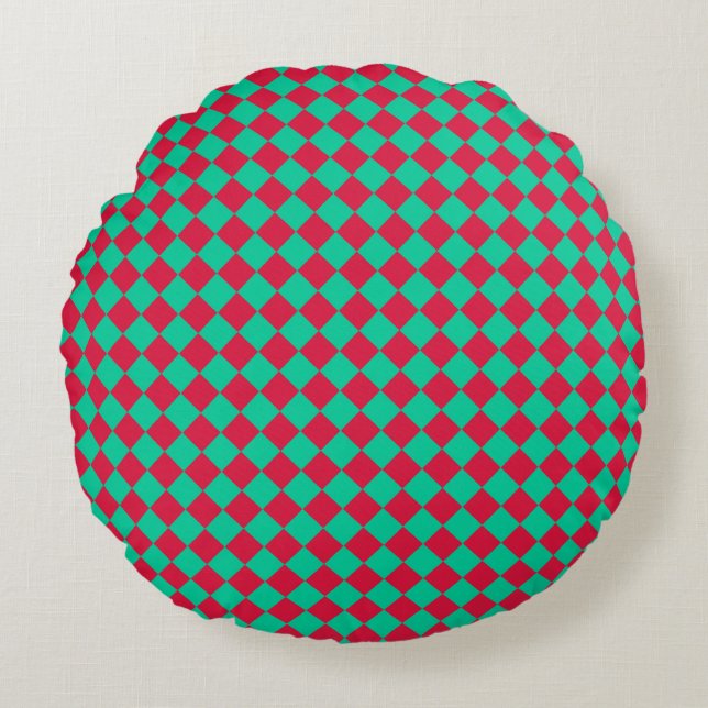 Red Green Chequered Diamond Pattern Round Pillow (Front)