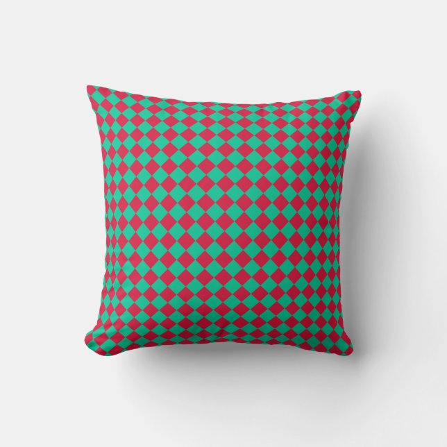 Red Green Chequered Diamond Pattern Throw Pillow (Front)