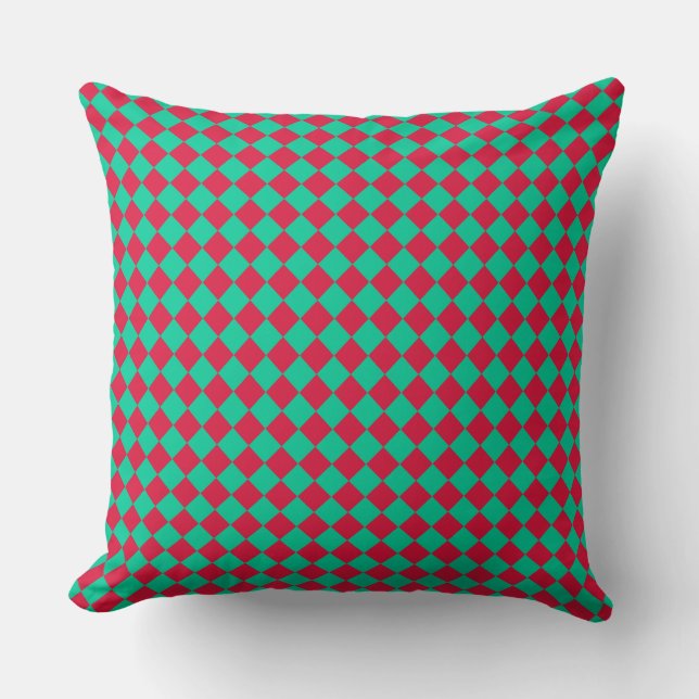 Red Green Chequered Diamond Pattern Throw Pillow (Front)