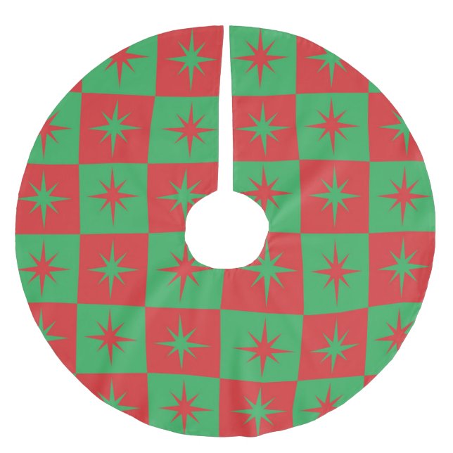 Red green chequered retro Christmas  starbursts  Brushed Polyester Tree Skirt (Front)