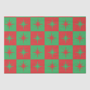 Red green chequered retro Christmas starbursts Tissue Paper