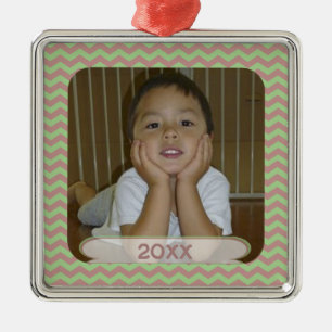 Red & Green Chevron Dated Photo Keepsake Ornament
