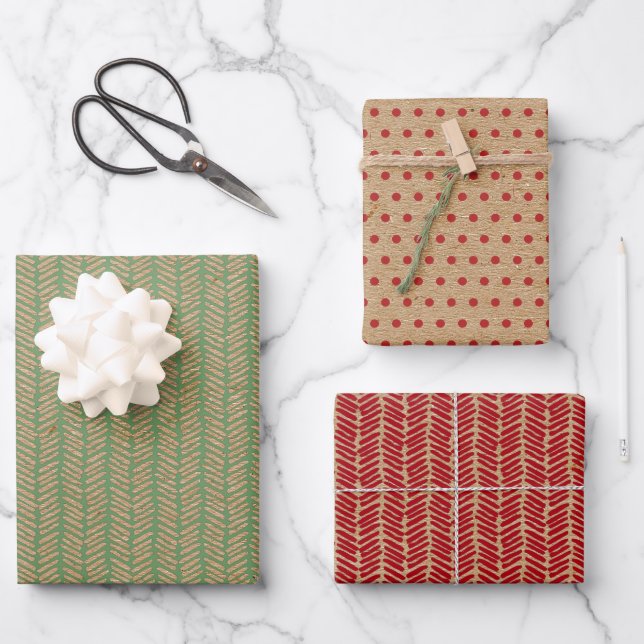 Red Green Chevron Polka Dots On Faux Brown Kraft Wrapping Paper Sheet (Front)