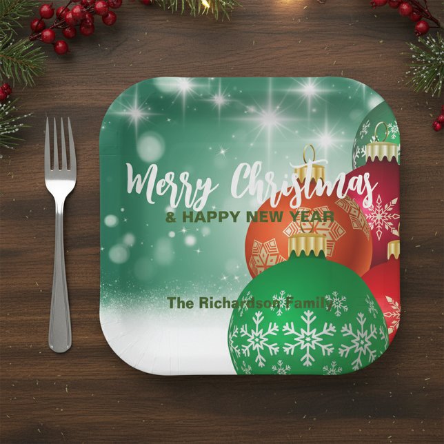 Red Green Christmas Baubles Winter Wonderland Paper Plate (Creator Uploaded)