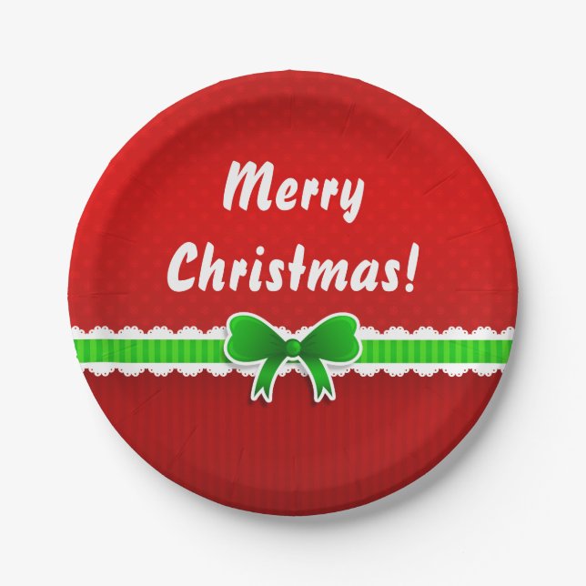 Red Green Christmas Design Customizable Text Paper Plate (Front)