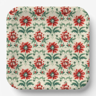 Red & Green Christmas Floral Elegance Paper Plate