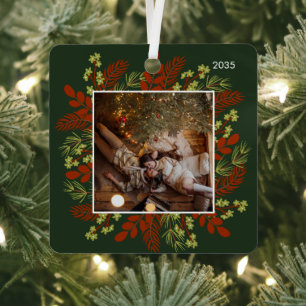 Red & Green Christmas Floral Frame Photo Metal Ornament