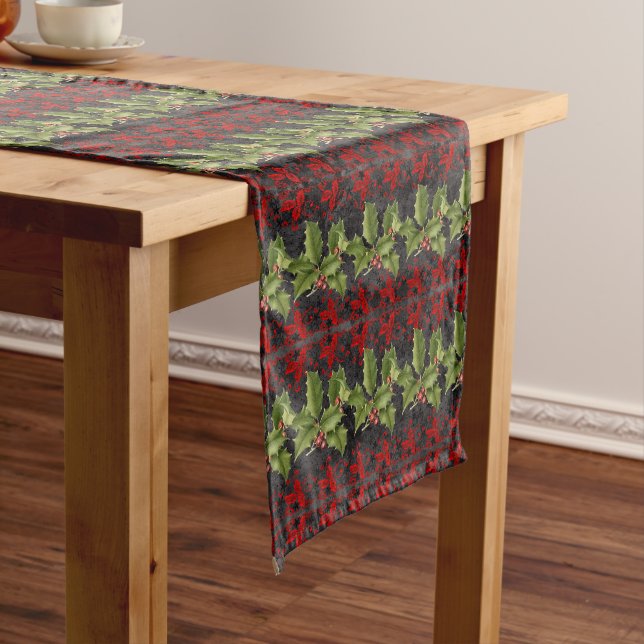 Red & Green Christmas Floral Pattern  Short Table Runner (In Situ)