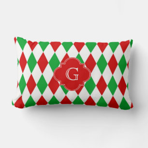 Red Green Christmas Harlequin Quatrefoil Monogram Lumbar Pillow