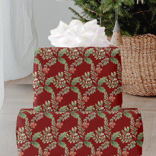Red Green Christmas Holly Berry Botanical Wrapping Paper