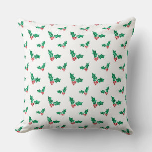 RED & GREEN CHRISTMAS HOLLY LEAVES & BERRIES THROW PILLOW