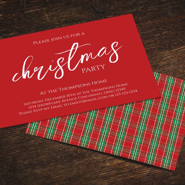 Red Green Christmas Party Plaid Pattern Invitation (Holiday party simple red and green plaid pattern party invitation. )