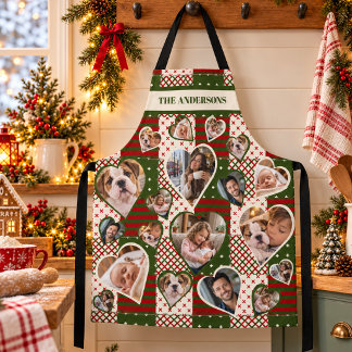 Red Green Christmas Patchwork Family Photo Collage Apron