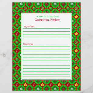 Red Green Christmas Pattern Recipe Paper