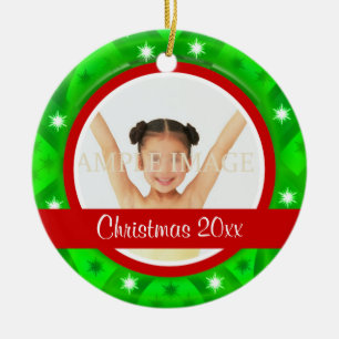 Red green Christmas photo personalize Ceramic Ornament