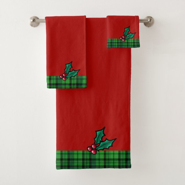 Red & Green Christmas Plaid and Holly Towel Set (Insitu)