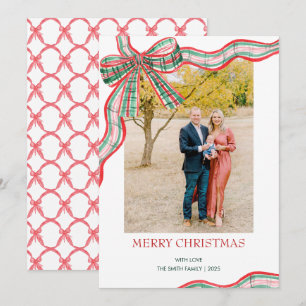Red & Green Christmas Plaid Bow Photo Holiday Card