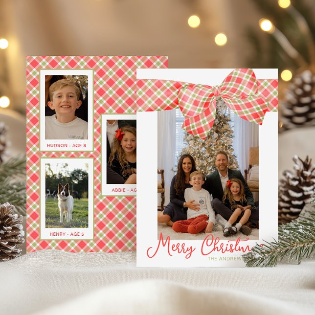 Red & Green Christmas Plaid Bow Wrap Photo Holiday Card (Creator Uploaded)