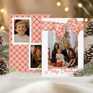 Red & Green Christmas Plaid Bow Wrap Photo Holiday Card